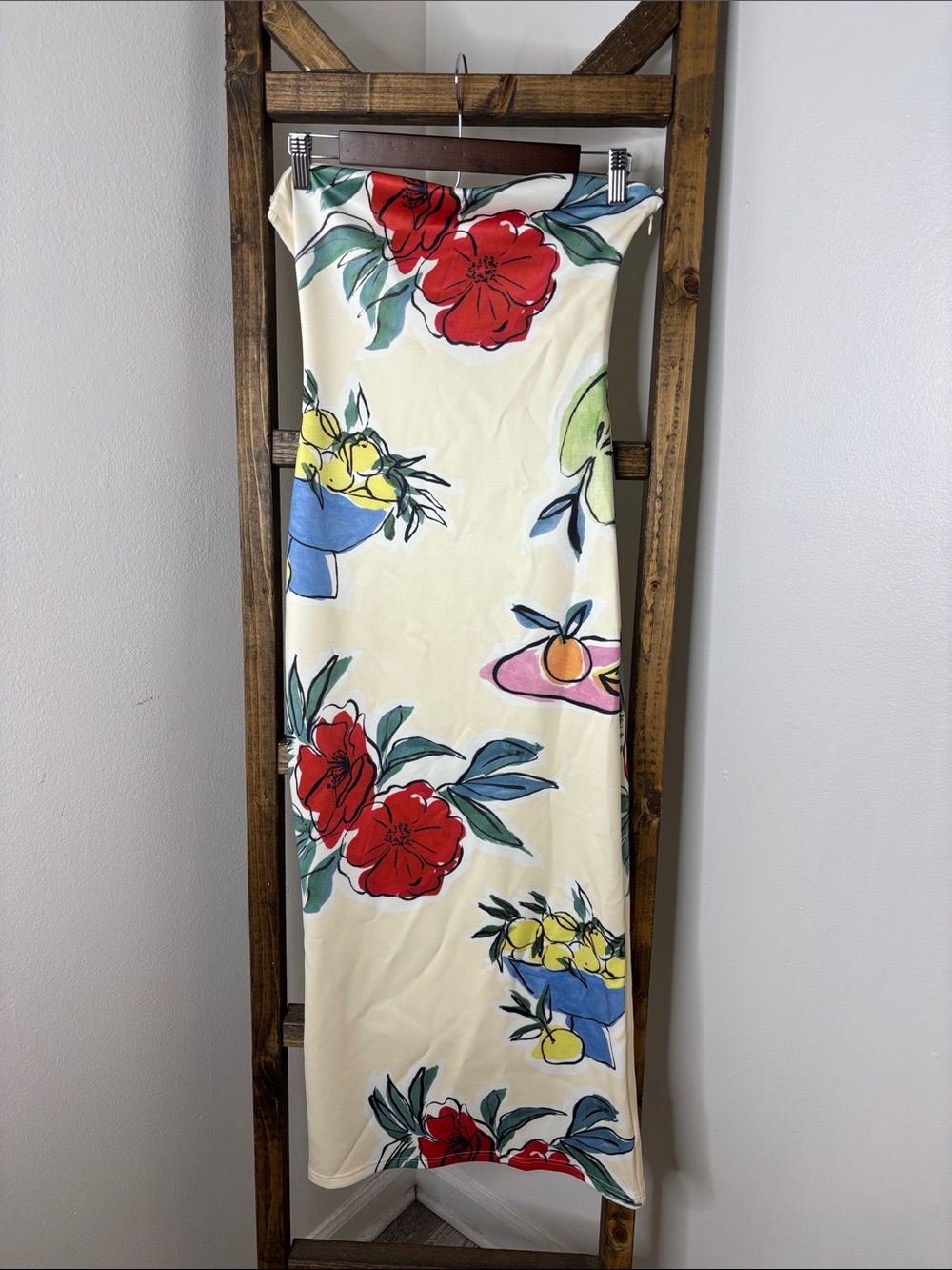 The Vintage Shop Cream Maxi Skirt with Red, Yellow & Blue Floral Print Size S